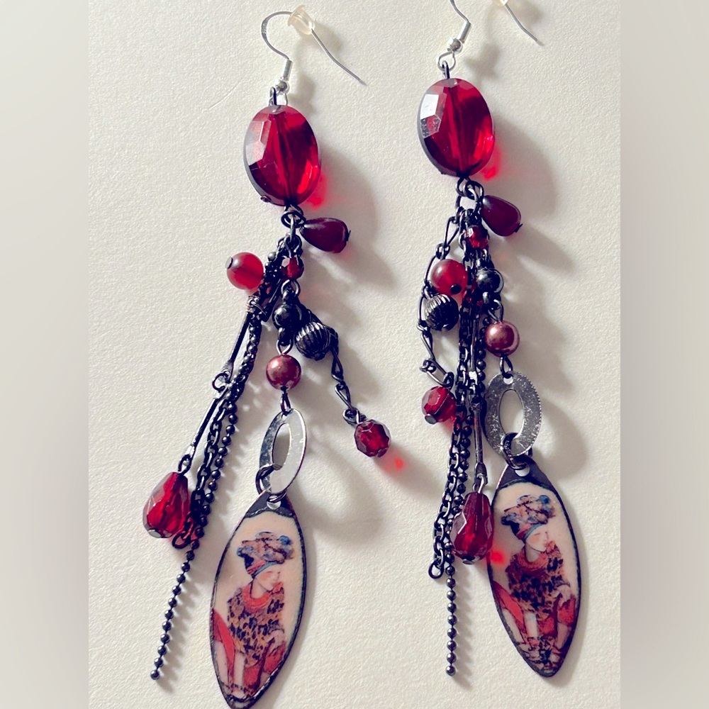 NWOT earrings Artisan Copper Enameled Boho Lady in Head wrap, red & black 5”